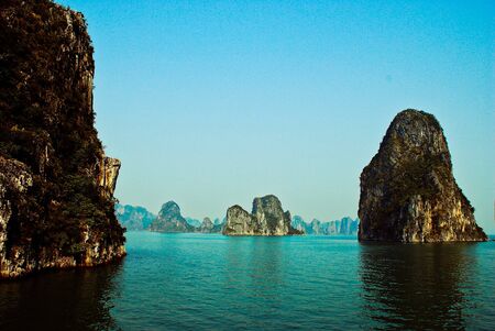 Overview btw krast mountains in Ha Long Bay Vietnamの写真素材