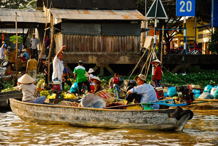 Floating market on the Mekong river in south Vietnamの写真素材