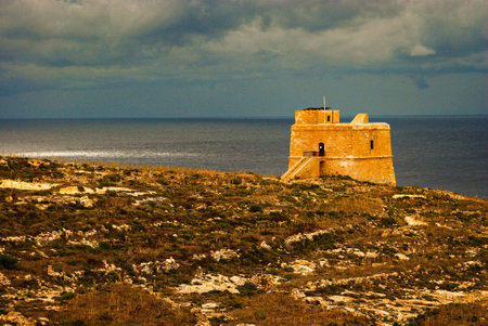 Dwejra watch tower near Azure window in Gozo Maltese islandsのeditorial素材