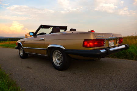 Mercedes Benz R107 380 SL Germany super Veterans front side in sunset countrysideのeditorial素材