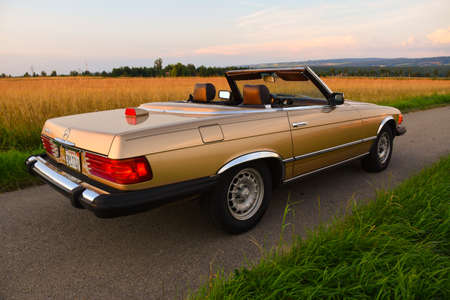 Mercedes Benz R107 380 SL Germany super Veterans front side in sunset countrysideのeditorial素材