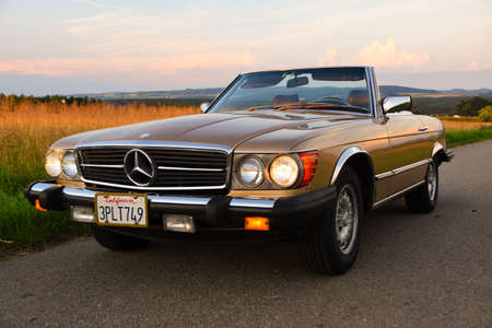 Mercedes Benz R107 380 SL Germany super Veterans front side in sunset countrysideのeditorial素材