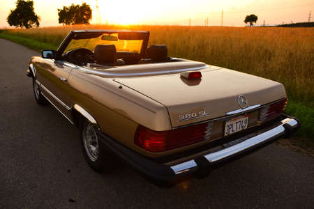 Mercedes Benz R107 380 SL Germany super Veterans front side in sunset countrysideのeditorial素材