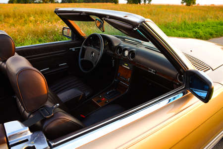 Mercedes Benz R107 380 SL Germany super Veterans front side in sunset countrysideのeditorial素材