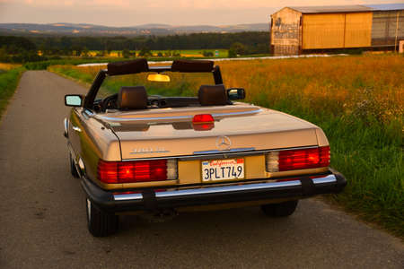 Mercedes Benz R107 380 SL Germany super Veterans front side in sunset countrysideのeditorial素材