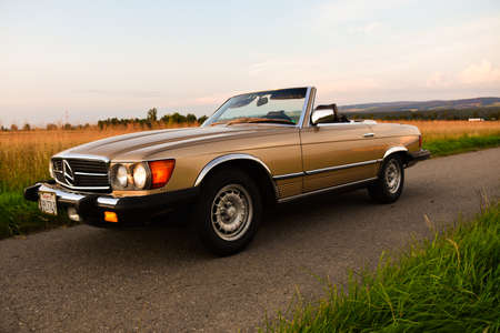 Mercedes Benz R107 380 SL Germany super Veterans front side in sunset countrysideのeditorial素材