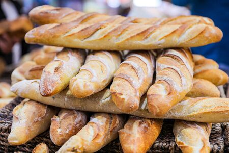 French baguettes. Fresh bread Arranged for sale in the market.の写真素材