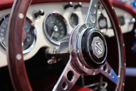 North district, Israel - May 4, 2020: Classic MG MGB roadster interior and Dashboard. Close-up of...