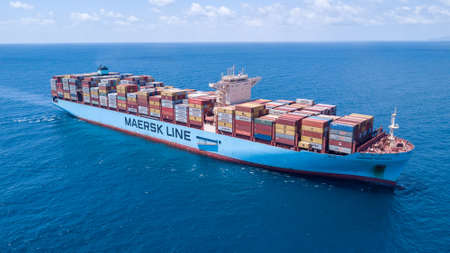 Haifa, Israel - June 25, 2020: Maersk ULCV fully loaded with freight Container.のeditorial素材