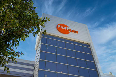 Haifa, Israel - August 22, 2020: Pluristem Logo. Pluristem sign on the office building in Haifa high tech zone.のeditorial素材