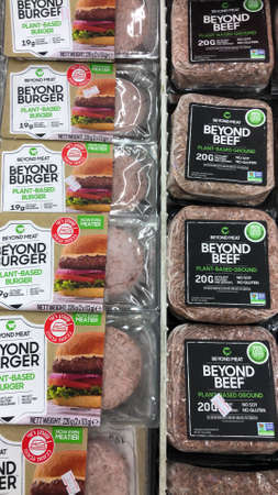 Tel Aviv, Israel - 5 October, 2020: Beyond Burger and Beyond Beef packages for purchase in a local supermarket.のeditorial素材