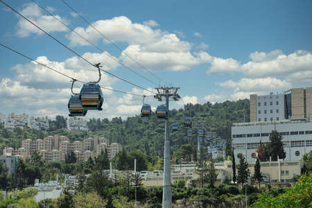 HAIFA, ISRAEL. April 26, 2021: The new cable car in Haifa that connects the University of Haifa and the Technion Institute to the Central Transportation Station.のeditorial素材