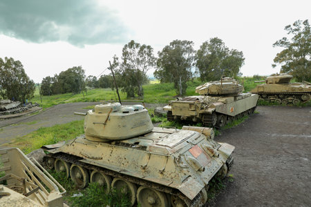 Several old war tanks In a memorial site.の写真素材