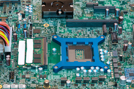 Electronic circuit board chips processor. Green PCB Component.の写真素材