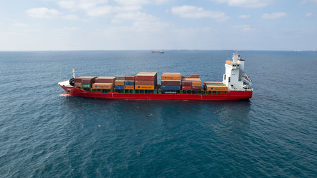 Mediterranean sea - August 3, 2022: International Containers Cargo ship, oversea Freight Transportation.のeditorial素材