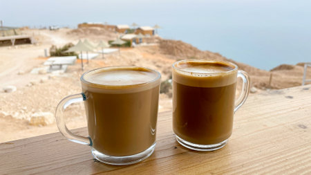 Two cups of coffee are on the table, and the desert landscape is in the background. Relaxation, silent countryside life concept.の写真素材