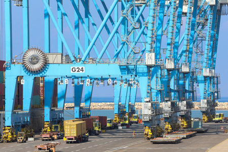 Crane activity in the port. Container terminal during loading and unloading cargo containers.