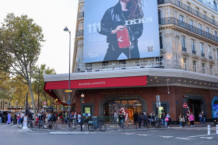 PARIS, FRANCE - October 20, 2022: Galeries Lafayette luxury department store exterior building.