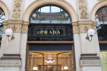 MILAN, ITALY - October 22, 2022: PRADA store. People walk by the PRADA store.のeditorial素材