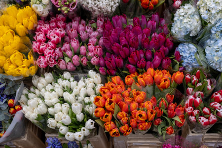 Colorful flowers stacked on table for flower arranging in city market.の写真素材