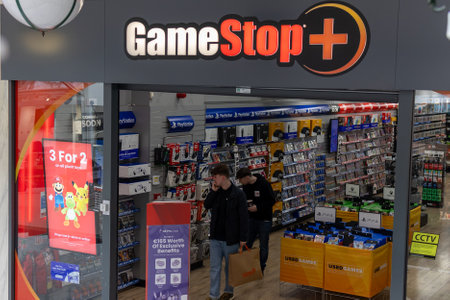 DUBLIN, IRELAND - 25 MARCH 2023: GameStop store with a prominent logo as a fixture above the entrance.のeditorial素材