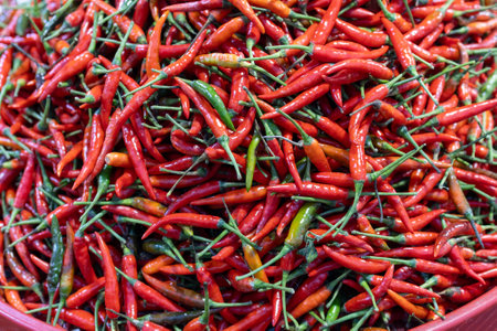 A collection of vibrant red and green chili peppers beautifully arranged in a market basket.の写真素材