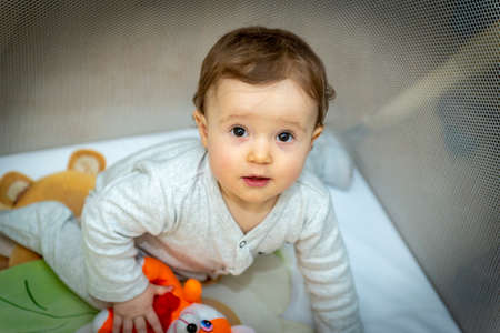 a little baby girl is sitting in an aviary with toysの写真素材