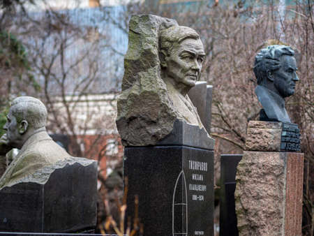 Novodevichy Cemetery in Moscow, monument and grave, sculpture, face in stone, work of artのeditorial素材