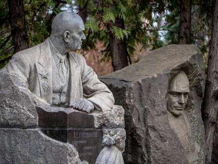 Novodevichy Cemetery in Moscow, monument and grave, sculpture, face in stone, work of artのeditorial素材