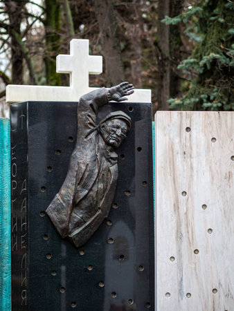 Novodevichy Cemetery in Moscow, monument and grave, sculpture, face in stone, work of artのeditorial素材
