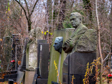 Novodevichy Cemetery in Moscow, monument and grave, sculpture, face in stone, work of artのeditorial素材