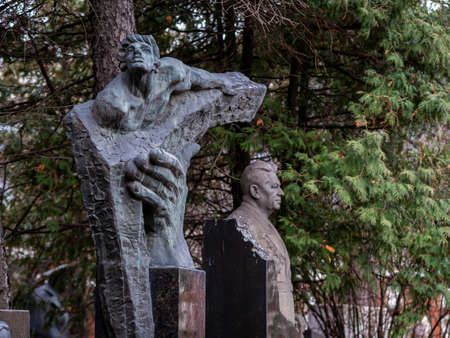 Novodevichy Cemetery in Moscow, monument and grave, sculpture, face in stone, work of artのeditorial素材