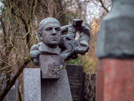 Novodevichy Cemetery in Moscow, monument and grave, sculpture, face in stone, work of artのeditorial素材