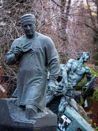 Novodevichy Cemetery in Moscow, monument and grave, sculpture, face in stone, work of artのeditorial素材