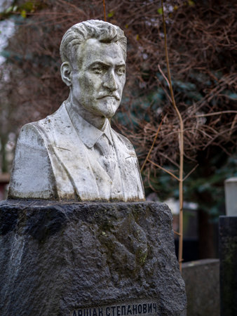 Novodevichy Cemetery in Moscow, monument and grave, sculpture, face in stone, work of artのeditorial素材