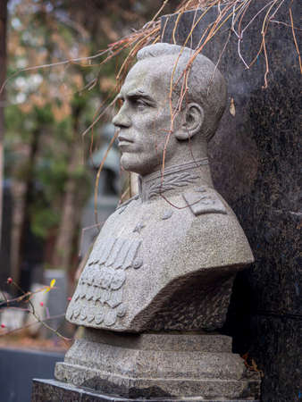 Novodevichy Cemetery in Moscow, monument and grave, sculpture, face in stone, work of artのeditorial素材