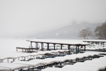 a woodenpath beside a lake in winter, Beijingの写真素材