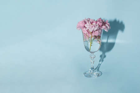 Retro concept with a sunlit glass filled with bright pink flowers on pastel blue background. Minimalistic modern floral arrangement.の写真素材