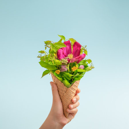 Womanâ€™s hand holding an ice cream cone filled with fresh green leaves and colorful blossoming...