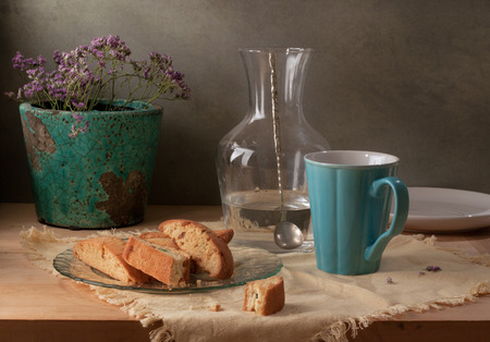 Still life with cookies and blue cupの写真素材