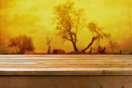 Halloween background with wooden tabletopの写真素材