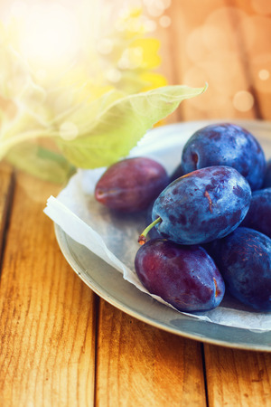 Fresh plums in metal vintage plate on wooden tabletop with sunflowersの写真素材