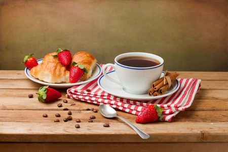 Beautiful breakfast arrangement on wooden tableの写真素材
