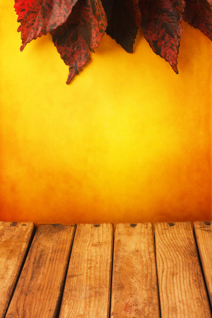 Background with autumn leaves and wooden tabletopの写真素材