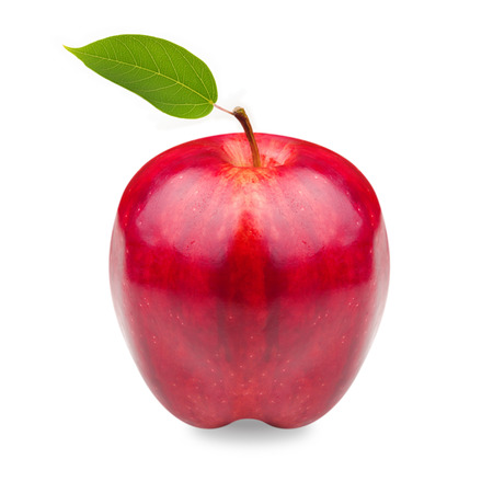 Red apple with green leaf isolated on whiteの写真素材