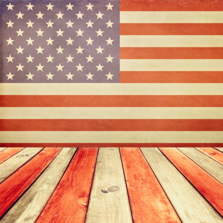 Empty wooden deck table over USA flag . USA national holidays. Ready for product display montage.の写真素材