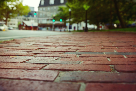 Red brick pavement in Boston, Massachusetts, USA. Selective focusの写真素材