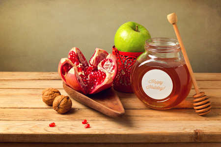 Honey apple and pomegranate for Jewish holidayの写真素材