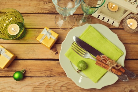Christmas dinner table arrangement. View from above.の写真素材