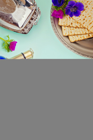 Passover background with matzo, wine and flowersの写真素材